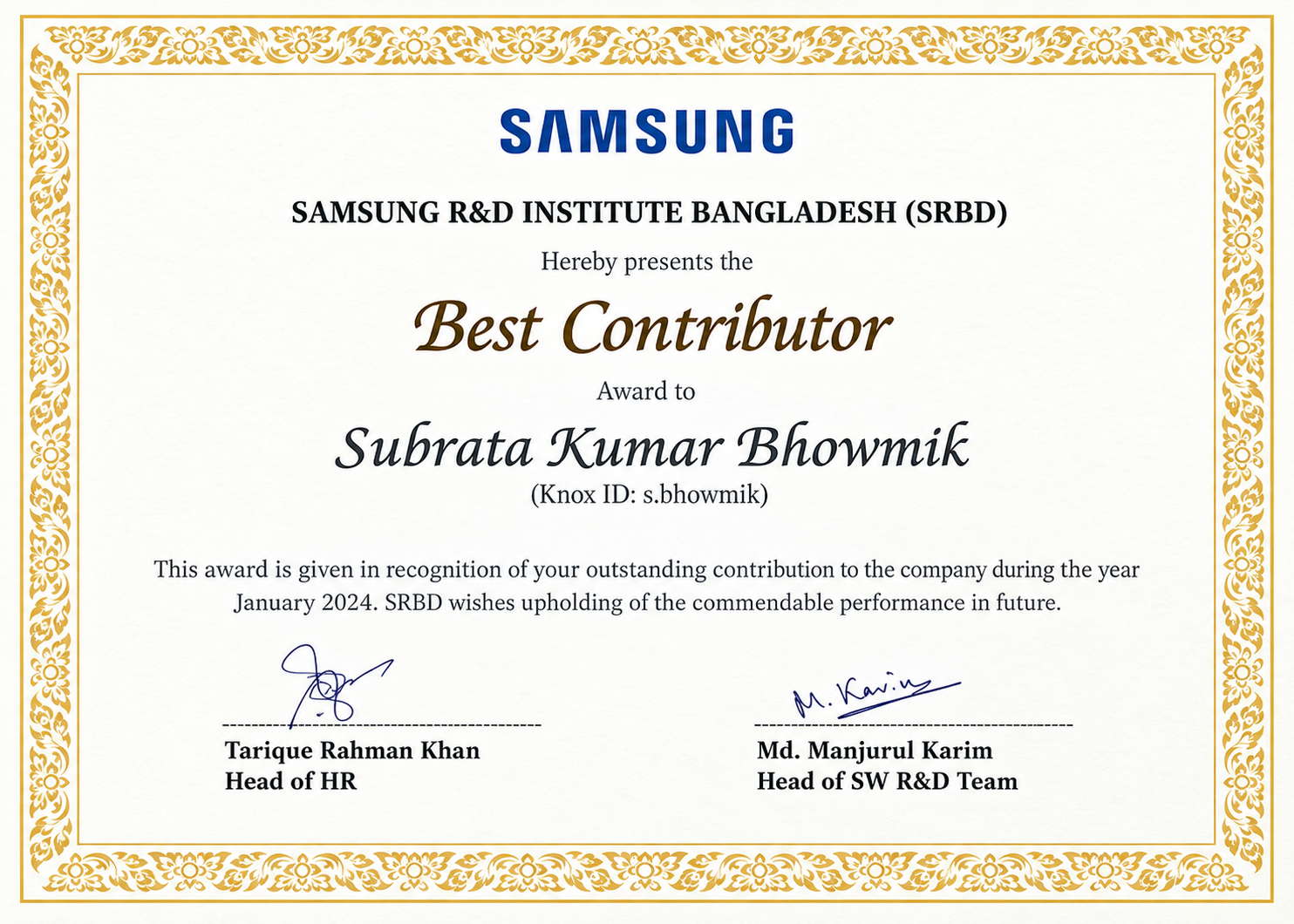 Samsung Best Contributor certificate